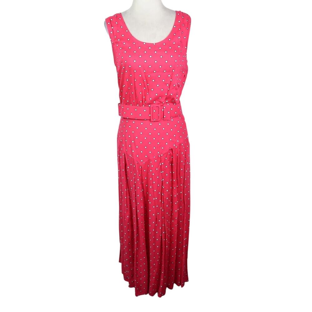 Vintage 90s S. Roberts Pink Polka Dot Midi Dress Belted 11
